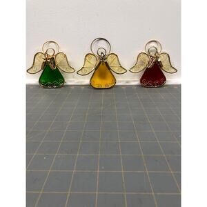 Set of 3 Stained Glass Angel Suncatcher Christmas Ornaments Red Green Gold